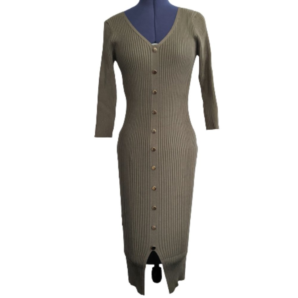 COPY - Olive Green Rib Knit Bodycon Button Down Dress Women's Size Small